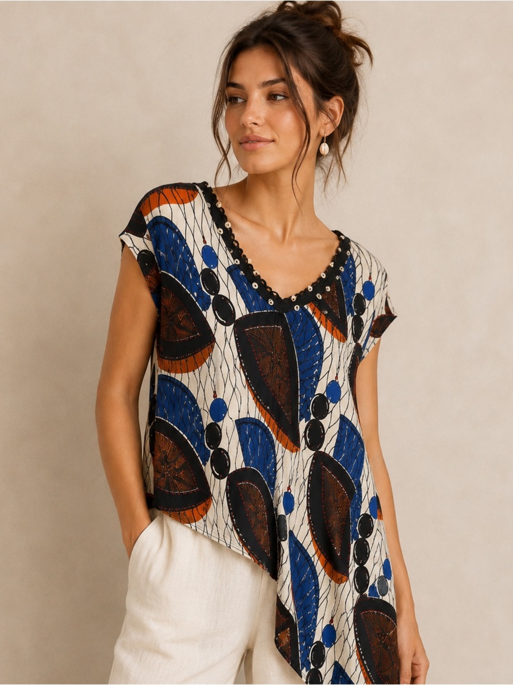 Anthropologie Ric Rac Banana Leaf Asymmetrical top  Blue Brown  Size Small